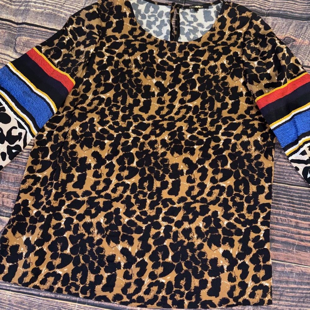 Kobi Halperin Womens 3/4 Sleeve Scoop Neck Leopard Striped Top Brown Black S